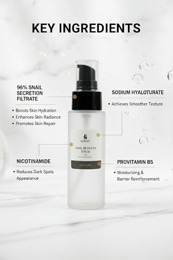 Snail Mucin 96% Repairing Essence with Niacinamide, Aloe Vera & Glycerin - Snail Mucin Serum to Hydrate & Repair Dull Skin & Fine Lines- Gentle Skincare Serums with Snail Serum for Everyday Care