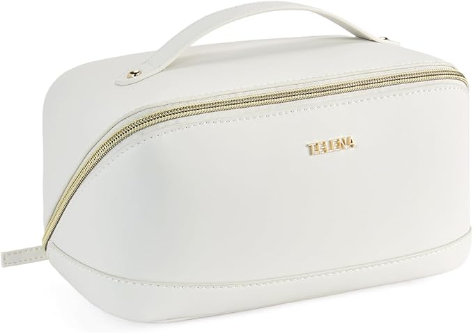 Telena Leather Make Up Bag Portable Travel Makeup Bag Waterproof Cosmetic Bags for Women Large Capacity With Handle and Divider Open Flat