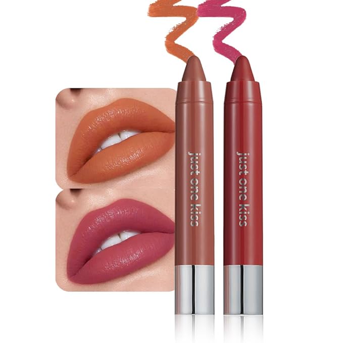 2Pcs Coral & Rose Red Hydrating Cream Lipsticks Lip Crayon for Women, Moisturing Lipstick Longwear Lip Liner Crayon Set for Ombre Shades, Matte Creamy Lips Stick Natural Nourishing Lips Balm Set, E