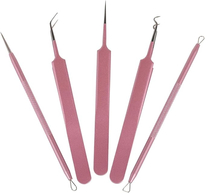 GIHWRRIProfessional Blackhead Removal Tool Set, 5 Piece Stainless Steel Comedone Extractors, Pink