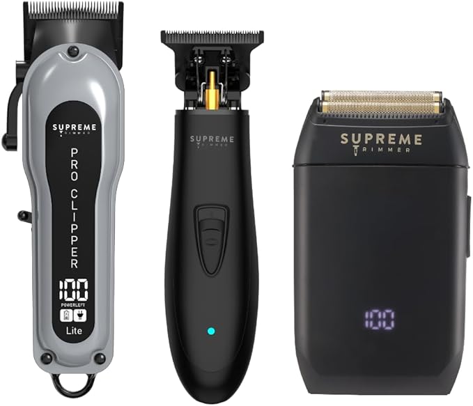 Supreme Trimmer 3-in-1 Barber Bundle | Pro Clipper Lite, DLC T-Shaper Trimmer & Crunch Foil Shaver | Professional Beard Trimmer Men’s Hair Clipper Kit | Black Lite Bundle