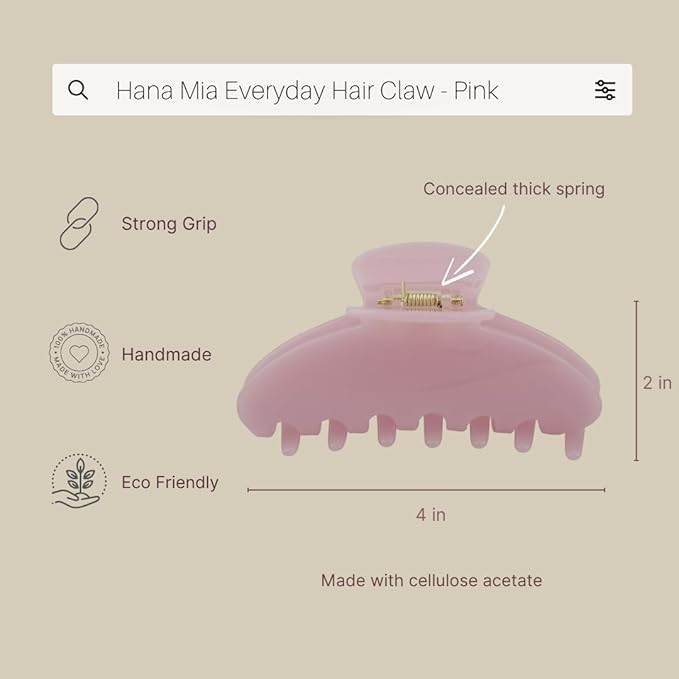 Premium Durable Acetate Hair Claw - Cute Clips for Thick or Thin Hair | Large Pink Claw Clip | 4 Inch (Pink)