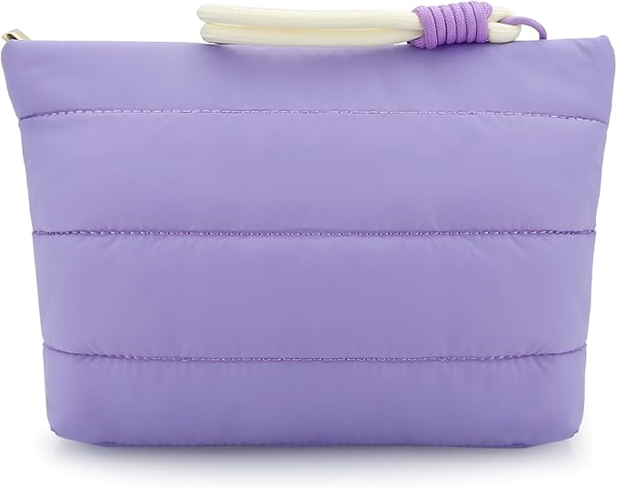 DOB SECHS Striped Quilted Makeup Bag with Wristlet Strap Cute Puffy Cotton Cosmetic Bag for Women, Small Puffer Toiletry Zipper Make Up Pouch, Quilt Clutch Bag Travel Organizer Storage Pouches, Purple