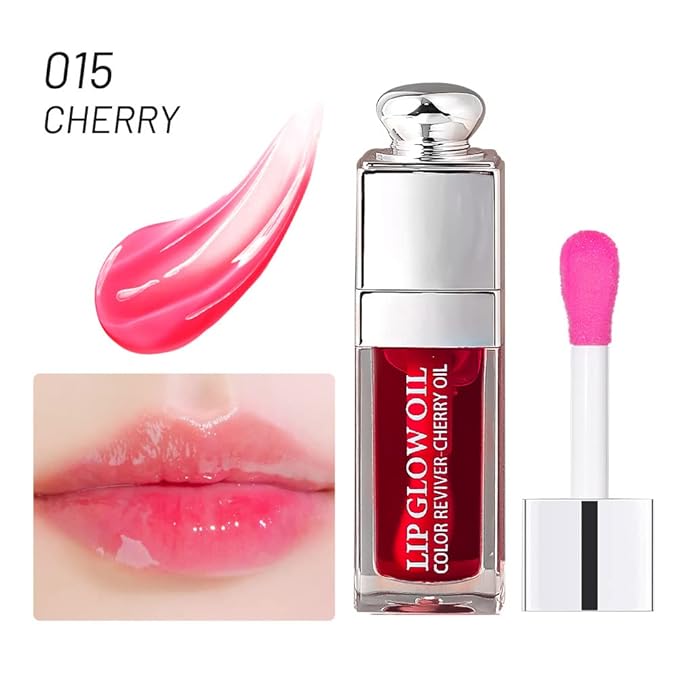 Hydrating Lip Glow Oil, Lip Oil Gloss Transparent Toot Tinted Nourishing Long Lasting Repairing Lightening Lip Lines (CHERRY) 0.2 OZ