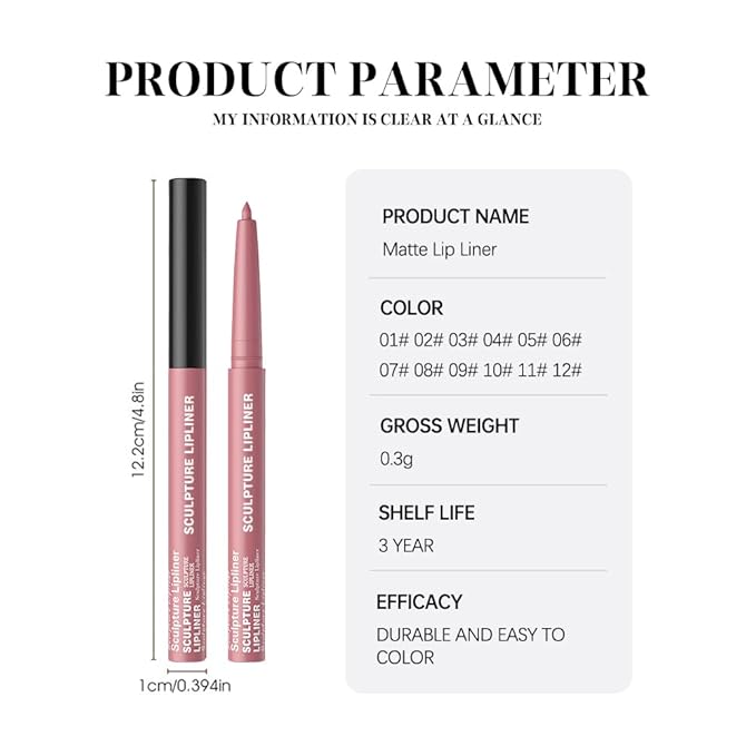 12 Colors Matte Lip Liner Pencil – Long Lasting Waterproof Lip Liner, Smudge Proof Transfer Proof Lip Pencil, High Pigment Lip Makeup for Defining & Filling Lips (11#, 1PCS)