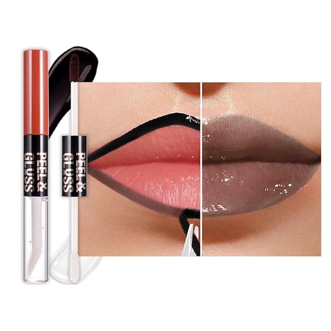 Brown Peel off Lip Stain Lip Oil Dual Ended Combo Set with Tweezer, 2 in 1 Lips Liner Stain Oil Long Lasting Waterproof, High Pigmented Flawless Lips Tint Stick Not Faded Vegan & Cruelty-free