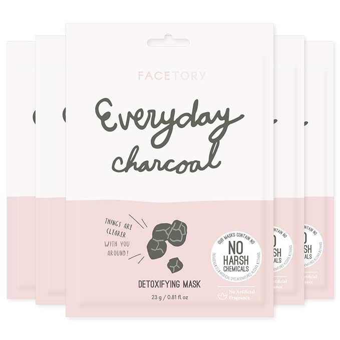FACETORY K Beauty Face Mask Skin Care - Everyday CHARCOAL Detoxifying Sheet Mask | Plant-Based Charcoal Face Mask (5 Pack)