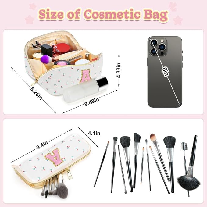 Personalized Travel Makeup Bag Set,Initial Travel Cute Cherry Makeup Organizer Bag,Toiletry Skincare Cosmetic Bag,Christmas Gifts for Women/Girls,Open Flat Toiletry Pouch with Brush Pocket-O