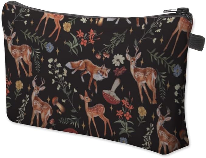 Small Makeup Bag Cosmetic Bag for Women, Pretty Design Organizer Case with Zipper Closure, Lightweight and Water-Resistant Make Up Bag - 8.65"x 5.35" x 7.08"（Sika Deer & Fox）