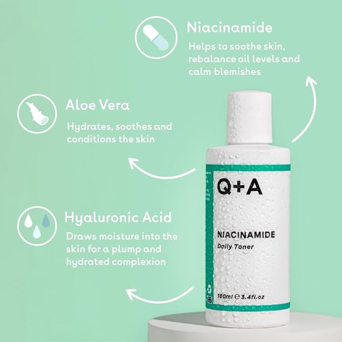 Q+A Niacinamide Daily Toner for Face (100ml), Pore Refining and Hydrating Face Toner with Hyaluronic Acid and Aloe Vera, Fragrance Free Skincare, Helps Calm Redness and Blemishes