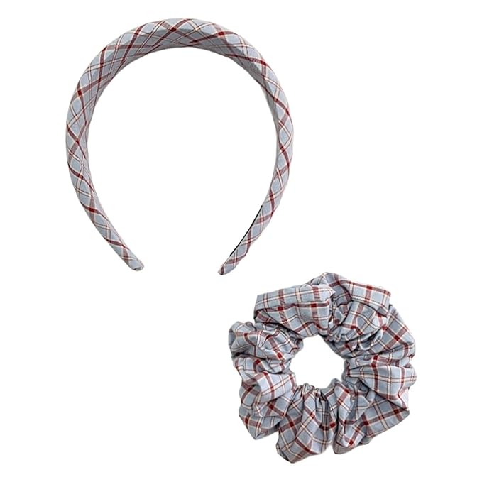 Headband and Scrunchie Set for Women 2Pack Hair Ties for Girls Elastics Bands Ponytail Holder Hair Accessories Red Lattice