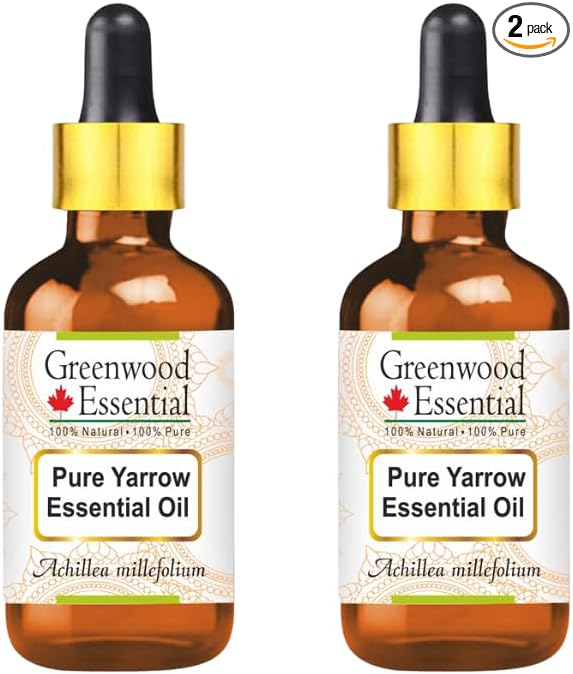 Greenwood Essential Pure Yarrow Essential Oil (Achillea millefolium) with Two Glass Droppers Steam Distilled (Pack of Two) 10ml X 2 (0.66 oz)