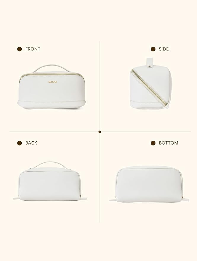Telena Leather Make Up Bag Portable Travel Makeup Bag Waterproof Cosmetic Bags for Women Large Capacity With Handle and Divider Open Flat