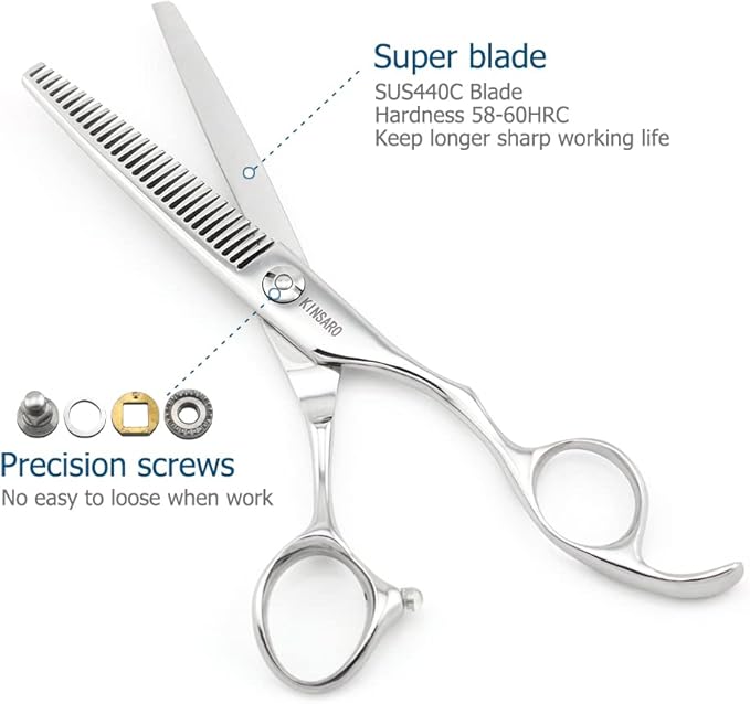 6" Barber Hair Scissors Hair Thinning Shears Professional Hair Thinning Scissors 30 Teeth 440C Silvery Convex Edge KINSARO for Hairdresser Barbershop or Home Use