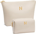 Women Gifts | Initial Makeup Bag Set for Girl Personalized Gifts for Bridesmaid Friend Graduation Teachers PU Leather Cosmetic Travel Toiletry Bag(Beige,N)