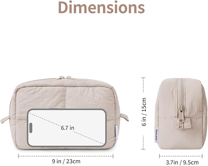 Narwey Puffy Makeup Bag for Travel Women Girl, Quilted Makeup Bag Cosmetic Bag, Cute Puffer Make Up Organizer Bags, Travel Toiletry Bag Toiletries (Khaki)