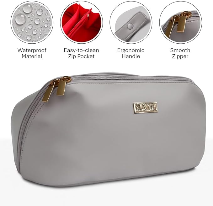 NAORI Travel Makeup Bag for Women | Large Luxury Cosmetic Organizer with Handle & Inner Pockets | Waterproof Leather Toiletry Bag | Makeup Case for Home, Travel & Gifting (Soft Grey)