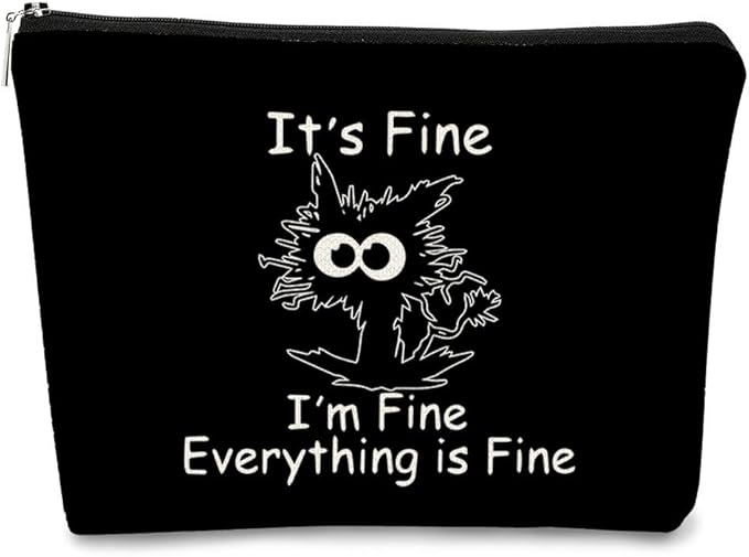 Funny Cute Cat Makeup Bag,Cat Lover Gifts For Women,Its Fine Im Fine Everythings Fine,Black Cat Cosmetic Bag Small Pouch,Birthday Gift,Coworker Gifts(Black)