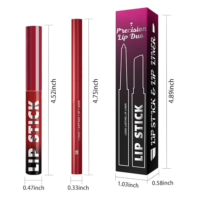 2Pcs 2 in 1 Matte Red Lip Liner and Lipstick Combo Set for Women,Lipstick Stain Lip Liner for Daily & Party Long Lasting Waterproof Smudge Proof 24 Hour Full Coverage Vegan Lip Makeup Kit