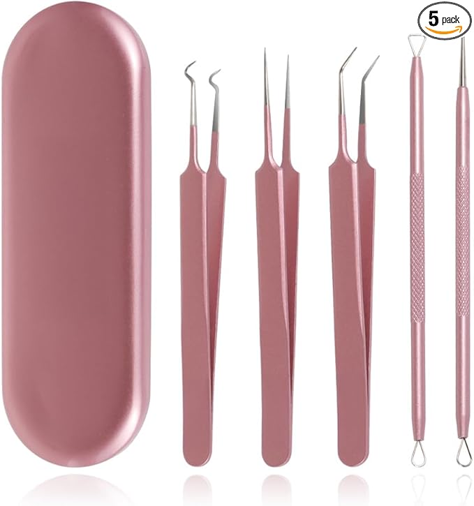 GIHWRRIProfessional Blackhead Removal Tool Set, 5 Piece Stainless Steel Comedone Extractors, Pink