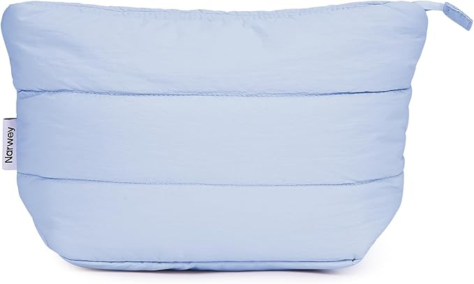 Narwey Small Makeup Bag for Travel Women Girl, Puffer Cosmetic Bag Makeup Pouch for Purse with Zipper, Cute Puffy Make Up Organizer Bags, Travel Toiletry Bag Toiletries (Light Blue)