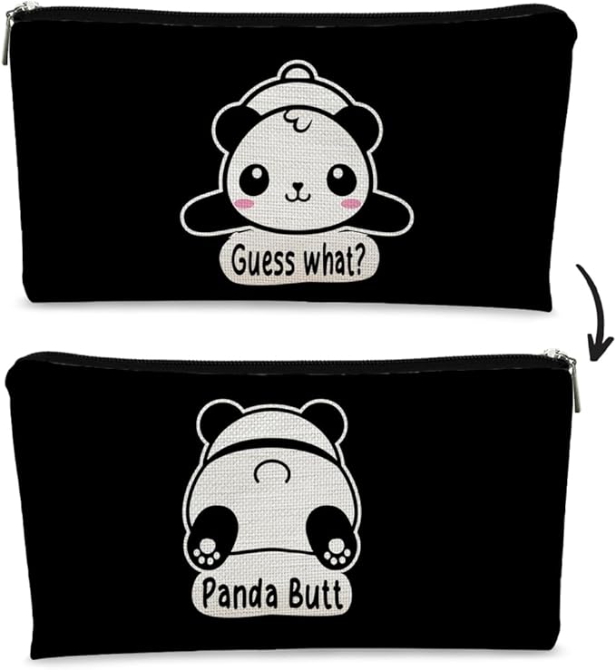 Panda Gifts Black Makeup Bag,Gifts for Panda Lover Wonmen Girls,Cute Baby Panda Guess What It's Pug Butt Cosmetic Bag,Makeup Case for Teen Girls Daughter,Panda Accessories,Canvas Zipper Pouch