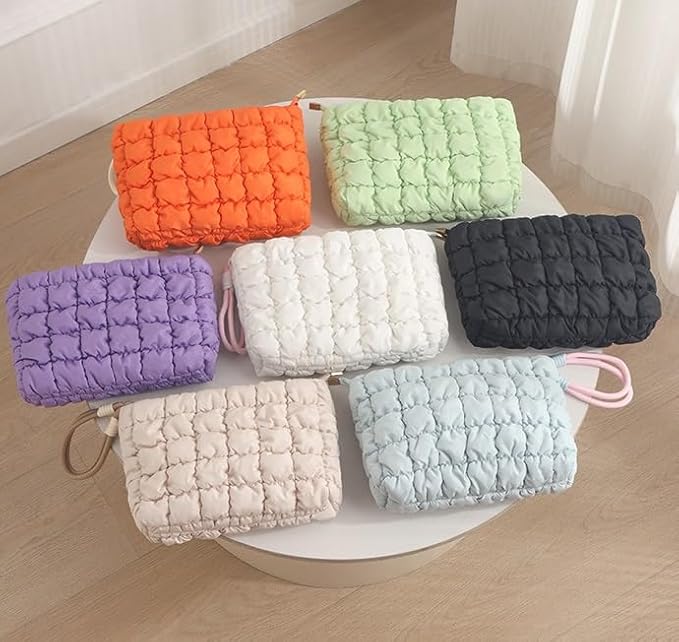 DOB SECHS Puffer Quilted Makeup Bag with Handle Detachable Cute Puffy Cotton Cosmetic Bag for Women, Small Toiletry Zipper Make Up Pouch, Checkered Quilt Clutch Bag Travel Storage Pouches Case, White