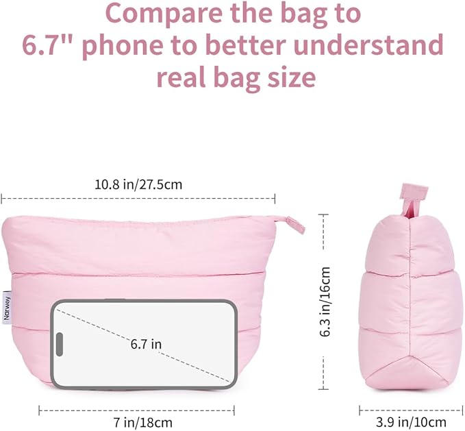 Narwey Small Makeup Bag for Travel Women Girl, Puffer Cosmetic Bag Makeup Pouch for Purse with Zipper, Cute Puffy Make Up Organizer Bags, Travel Toiletry Bag Toiletries (Dusty Rose)