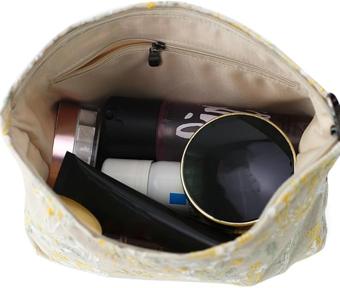 Floral Cotton Embroidered Makeup Bag - Large Capacity Cosmetic Pouch for Travel, Makeup Organizer & Toiletry Bag with Zipper, Perfect for Daily Use & Gifts