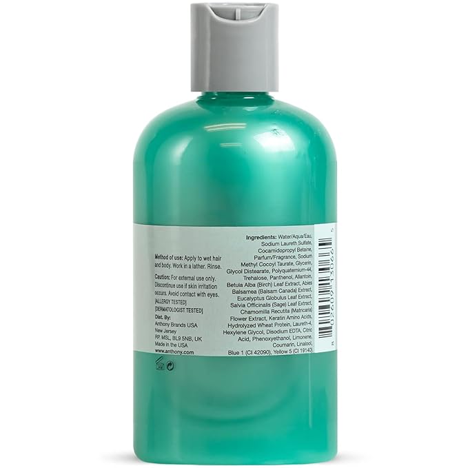 Anthony Mens Body Wash and Shampoo: Invigorating Rush 2-In-1 Liquid Gel Soap & Hair Shampoo, Pine Wood Scent, Hydrating with Eucalyptus, Canadian Balsam, Birch Leaf, Charcoal, Sea Kelp, 12 Fl. Oz