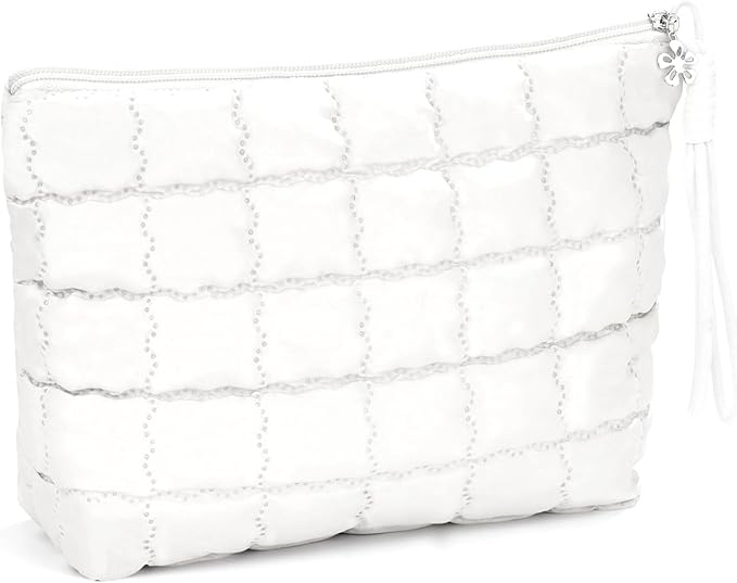 Richeart Makeup Bag Travel Toiletry Bag - Checkered Down Cotton Makeup Pouch for Women with Cosmetic and Pencil, Aesthetic White Design, Large