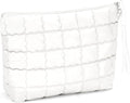 Richeart Makeup Bag Travel Toiletry Bag - Checkered Down Cotton Makeup Pouch for Women with Cosmetic and Pencil, Aesthetic White Design, Large
