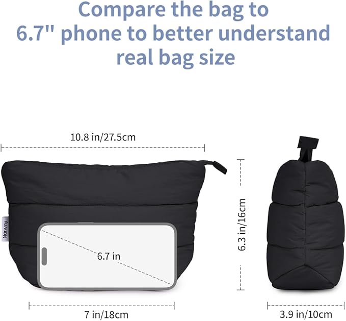 Narwey Small Makeup Bag for Travel Women Girl, Puffer Cosmetic Bag Makeup Pouch for Purse with Zipper, Cute Puffy Make Up Organizer Bags, Travel Toiletry Bag Toiletries (Black)