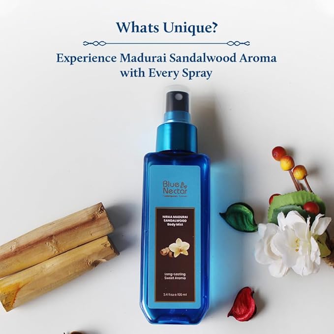 Blue Nectar Niraa Madurai Sandalwood Body Mist for Long Lasting Freshness and Aromatic Body Fragrance(3.4 Fl Oz)