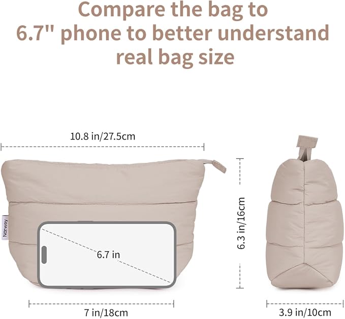 Narwey Small Makeup Bag for Travel Women Girl, Puffer Cosmetic Bag Makeup Pouch for Purse with Zipper, Cute Puffy Make Up Organizer Bags, Travel Toiletry Bag Toiletries (Khaki)