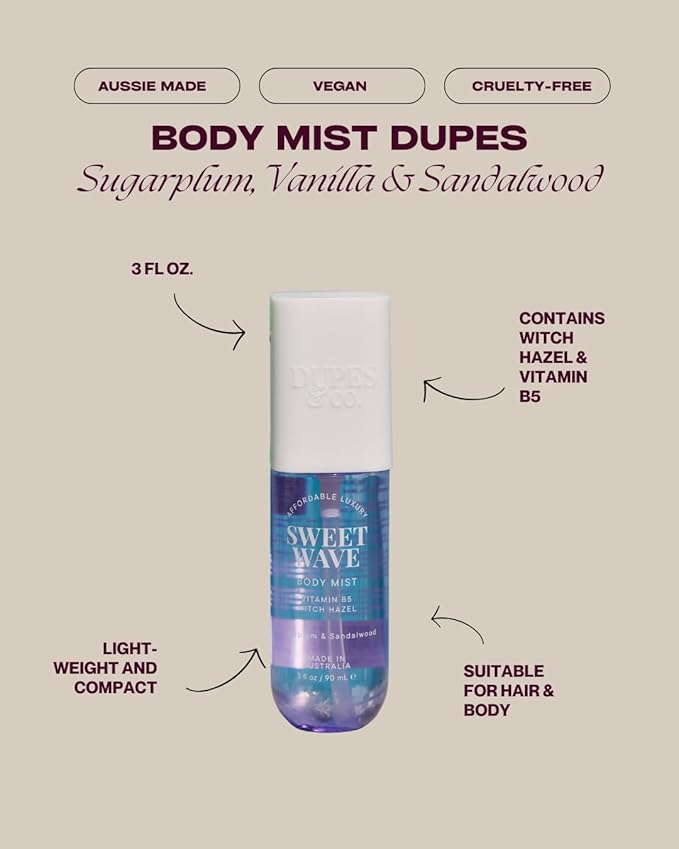 DUPES & CO. Sweet Wave Hydrating Body Mist for Women – Plum & Vanilla Orchid with Vitamin B5 & Witch Hazel – Sweet, Warm Scent in a 3 Fl Oz Bottle