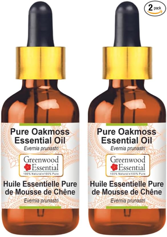 Greenwood Essential Pure Oakmoss Essential Oil (Evernia prunastri) with Two Glass Droppers Steam Distilled (Pack of Two) 10ml X 2 (0.66 oz)