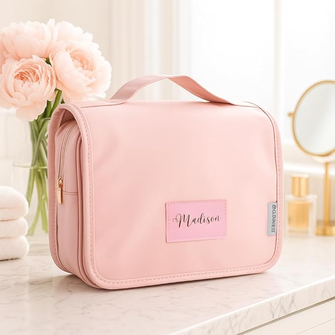 Custom Travel Toiletry Bag for Women, Personalized Vegan Leather Makeup Bag with Hanging Hook, Unique Bridesmaid Gifts, Wedding Gifts, Travel Containers, Womens gifts for Birthday