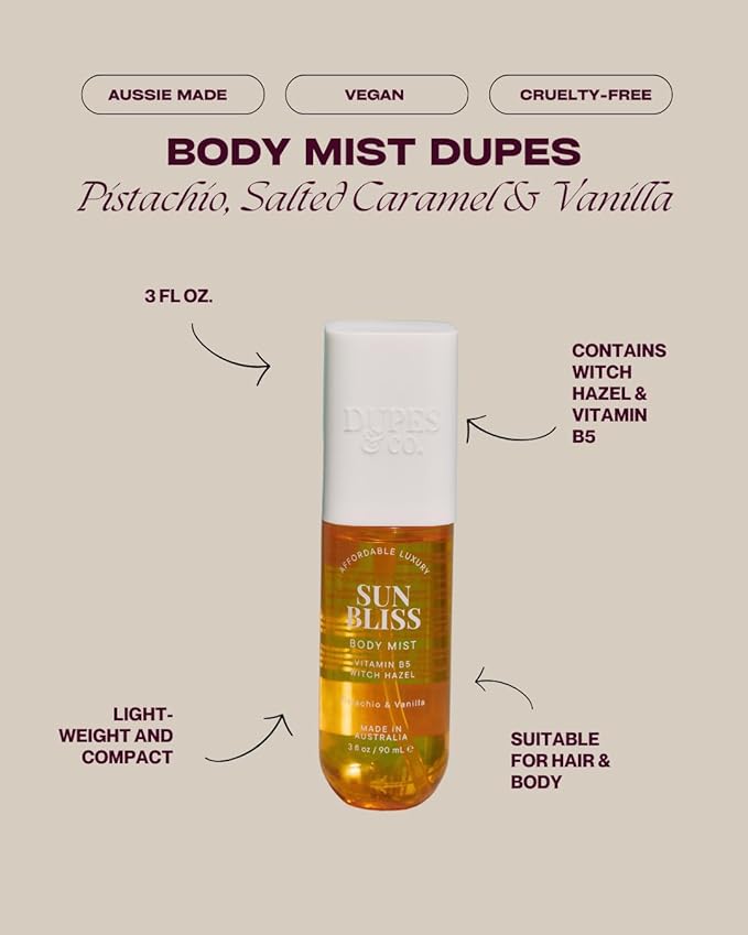 DUPES & CO. Sun Bliss Hydrating Body Mist for Women – Pistachio & Vanilla with Vitamin B5 & Witch Hazel – Sweet, Tropical Scent in a 3 Fl Oz Bottle
