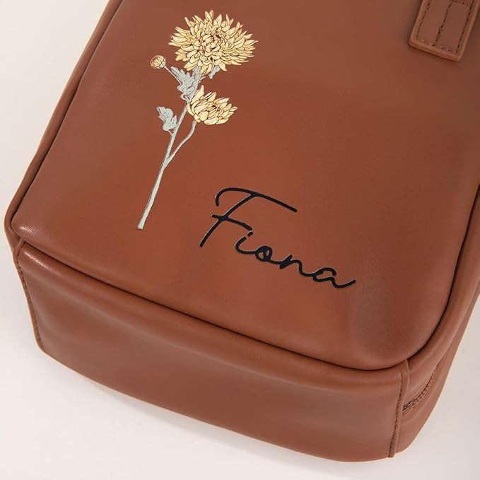 Custom Name Leather Makeup Bag Travel Toiletry Bag with Birth Flower Handle Personalized Make Up Storage Bags for Women Large Capacity Cosmetic Bag Organiser Vanity Case Womens Toiletries Wash Bags