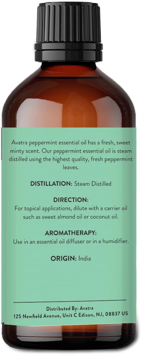 Avatra Peppermint Essential Oil 100ML (3.38 OZ) with Glass Dropper and Travel Bottle, Pure and Natural Therapeutic Grade Peppermint Oil for Diffuser, Aromatherapy, Massage, and DIY Candle Products