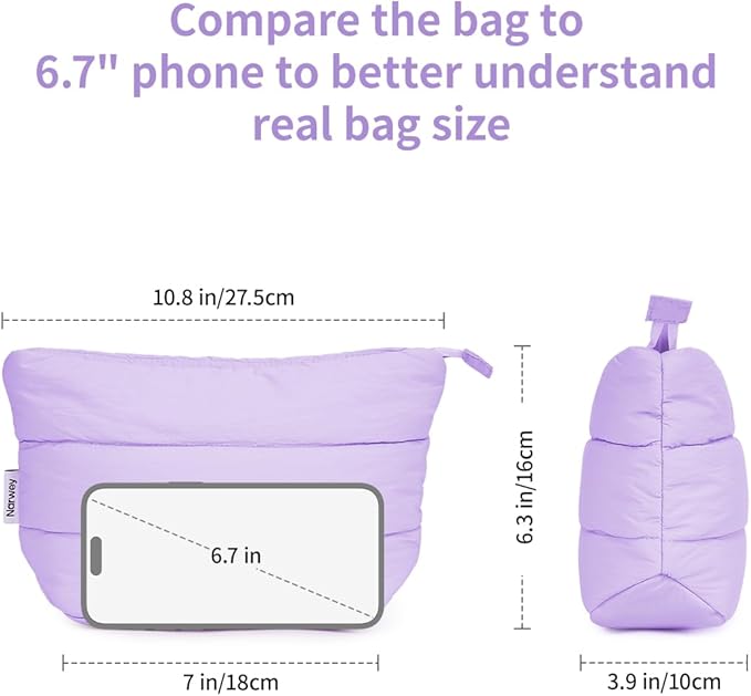 Narwey Small Makeup Bag for Travel Women Girl, Puffer Cosmetic Bag Makeup Pouch for Purse with Zipper, Cute Puffy Make Up Organizer Bags, Travel Toiletry Bag Toiletries (Light Pruple)