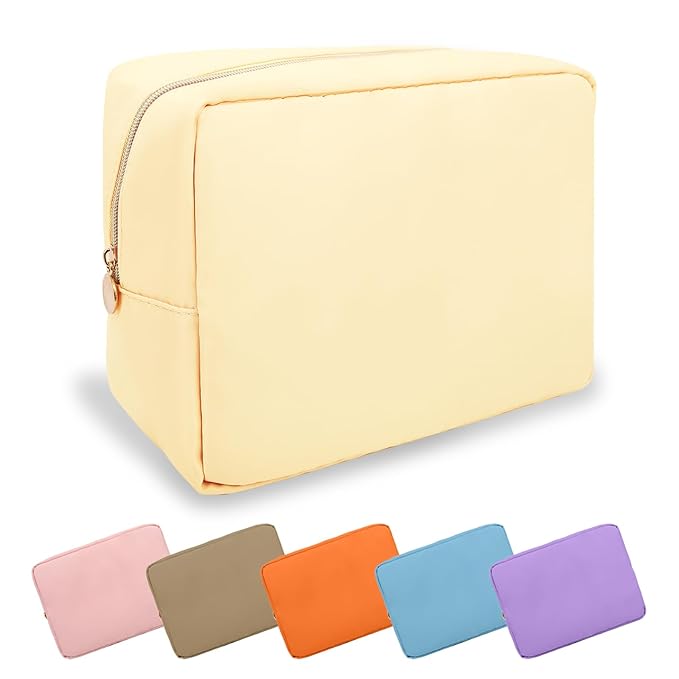 Large Makeup Bag Pouch,Nylon Women Travel Toiletry Storage Bag Preppy Cosmetic Bag for Girls,Big Makeup Organizer Bag Cute Zipper Pouch Skincare Bag for Sport Work Gift(Large-Sand)