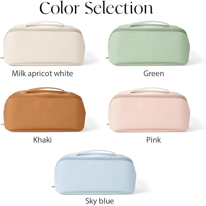 Personalized Open Flat Travel Makeup Bag with Name Real Leather Lazy Lay Flat Cosmetic Bags for Women Custom Toiletry Bag Womens Makeup Case Organizer Small Make Up Pouch for Traveling Large Capacity