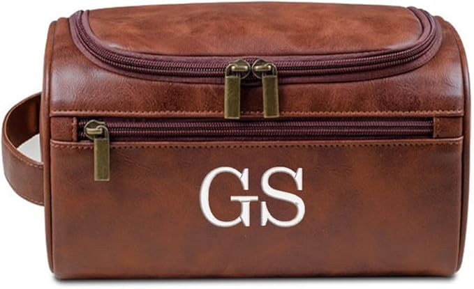 Personalized Embroidery PU Leather Travel Toiletry Bag for Men,Stylish Travel Organizer for Travel, Wedding Gift,Customized Monogram Travel Shaving Dopp Kit for Groomsmen (Brown)