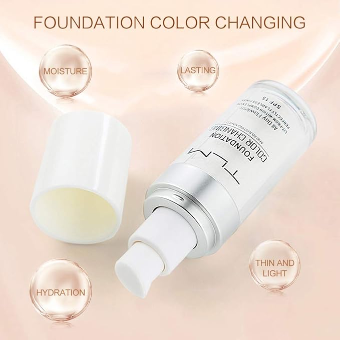 5PCS TLM Colour Changing Foundation Makeup Set Matte Liquid Full Coverage Oil Control Breathable Invisible Cover Concealer Foundation with Face Primer, Foundation Brush, Makeup Sponge
