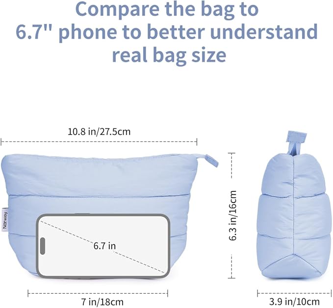 Narwey Small Makeup Bag for Travel Women Girl, Puffer Cosmetic Bag Makeup Pouch for Purse with Zipper, Cute Puffy Make Up Organizer Bags, Travel Toiletry Bag Toiletries (Light Blue)