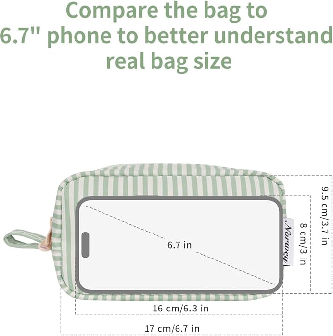 Narwey Small Makeup Bag for Purse Travel Makeup Pouch Mini Cosmetic Bag Zipper Pouch for Women (Mint Green Stripe, Small)