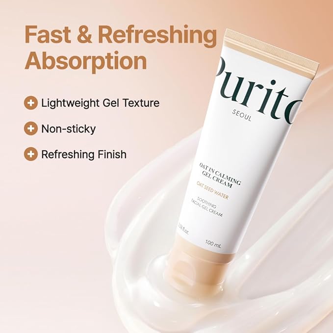PURITO Oat In Calming Gel Cream, Oat Seed Water Hydration & Soothing, Lightweight, Non-Sticky FA Safe Moisturizer for Sensitive Skin, Non-Comedogenic, Fragrance-Free, Korean Skincare 3.38 fl.oz