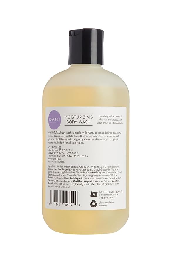 DANI Naturals Moisturizing Body Wash - Calming Lemongrass Lavender Scent with Organic Aloe Vera & Natural Glycerin - Paraben, Sulfate, & Phthalate-Free Shower Gel - 12 oz Bottle, Vegan & Cruelty-Free
